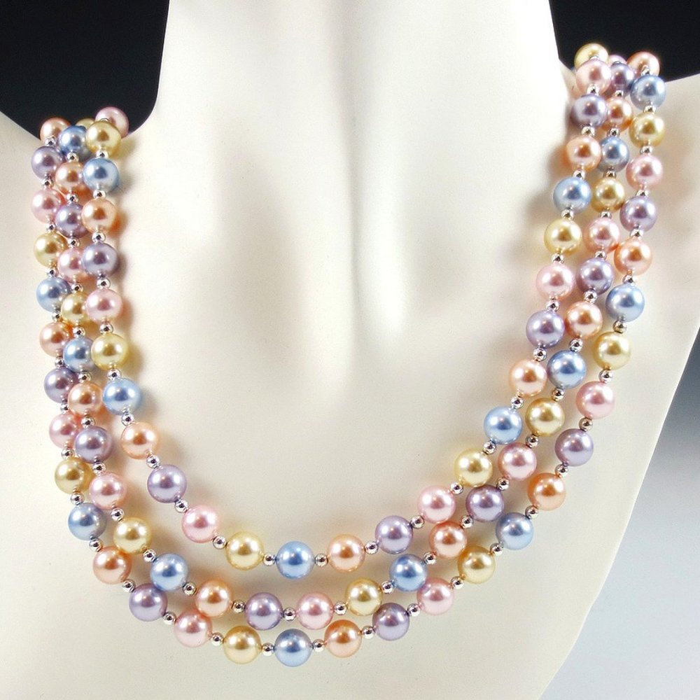 Pastel Crystal Pearl & Sterling 3-Strand Necklace